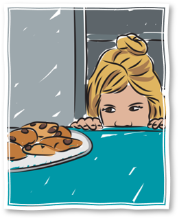 Young girl looking at plate of chocolate chip cookies mischievously Young girl looking at plate of chocolate chip cookies mischievously