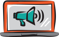 Illustrated computer with megaphone on screen icon